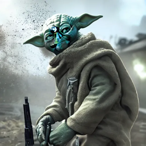 Image similar to Yoda in Call of Duty Black ops, highly detailed, high quality, HD, 4k, 8k, Canon 300mm, professional photographer, 40mp, lifelike, top-rated, award winning, realistic, sharp, no blur, edited, corrected, trending