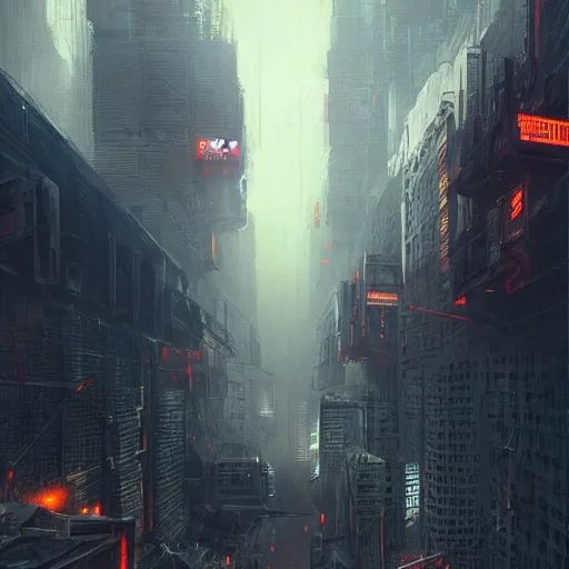 Prompt: Modern apocalyptic cyberpunk city by Greg Rutkowski, asymmetrical, Organic Painting , Matte Painting, dark vibes, nightmare, geometric shapes, hard edges, china town, synth wave, trending on the artstation:2 by Greg Rutkowski:4