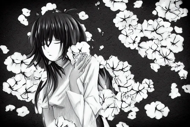 Prompt: “Extremely distraught black and white anime girl dramatically ugly crying with flowers petals being blown around her by a violent wind, black and white”