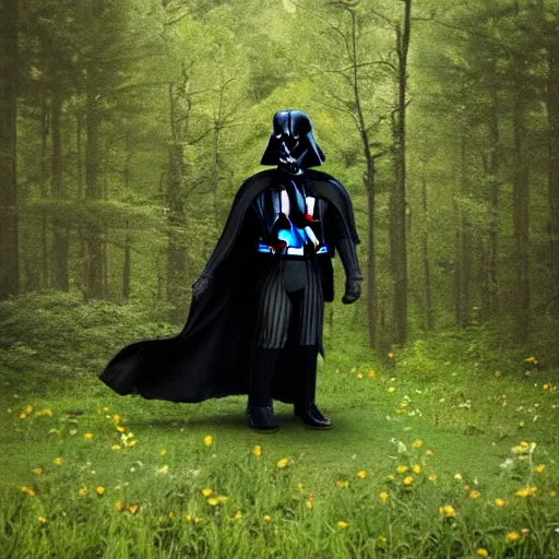 Prompt: darth vader picking flowers in the forest