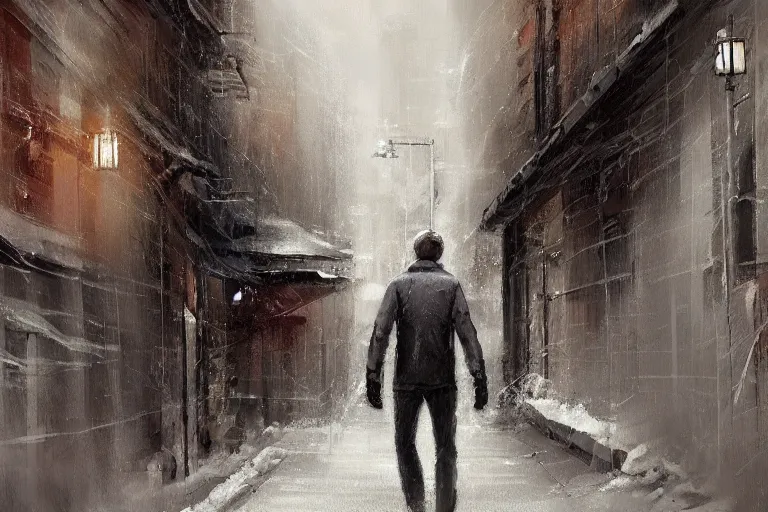 Image similar to concept art mood painting environment painting man walking down grey dull concreate alley winter arms in pockets. style of ryan church jon mccoy george hull painting