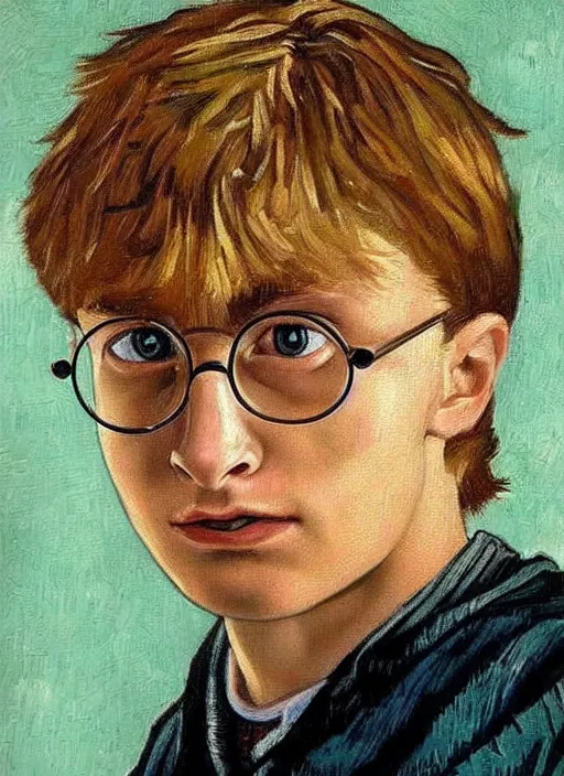 Image similar to lifelike oil painting portrait of harry potter by van gogh