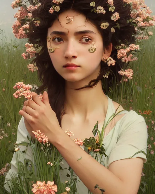 Image similar to 3 / 4 portrait, young male spring god, brown skin, long dark hair, flower dress, beautiful, flowers, detailed field background, elaborate jewelry, artstation, ilya kuvshinov, alphonse mucha, william bouguereau, rossdraws, greg rutkowski, super detailed, illustration, realistic, octane render, sharp focus, cinematic, 8 k