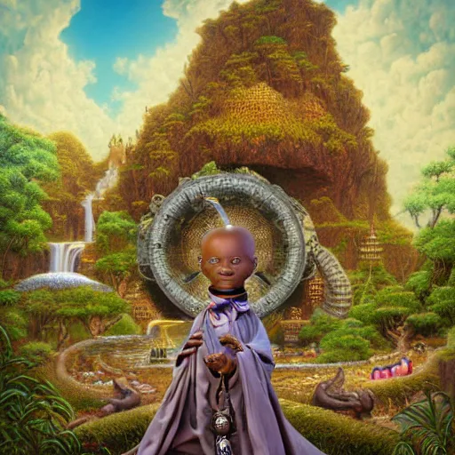 Image similar to wide angle dynamic portrait of a chibbi dogon priest in an african zen garden with a waterfall! and a golden ornate steampunk portal, amigurumi by mark ryden and todd schorr and mark davis and zdislaw beksinski in a surreal lowbrow style, digital paint, matte paint, vivid synthwave colors, breathtaking landscape