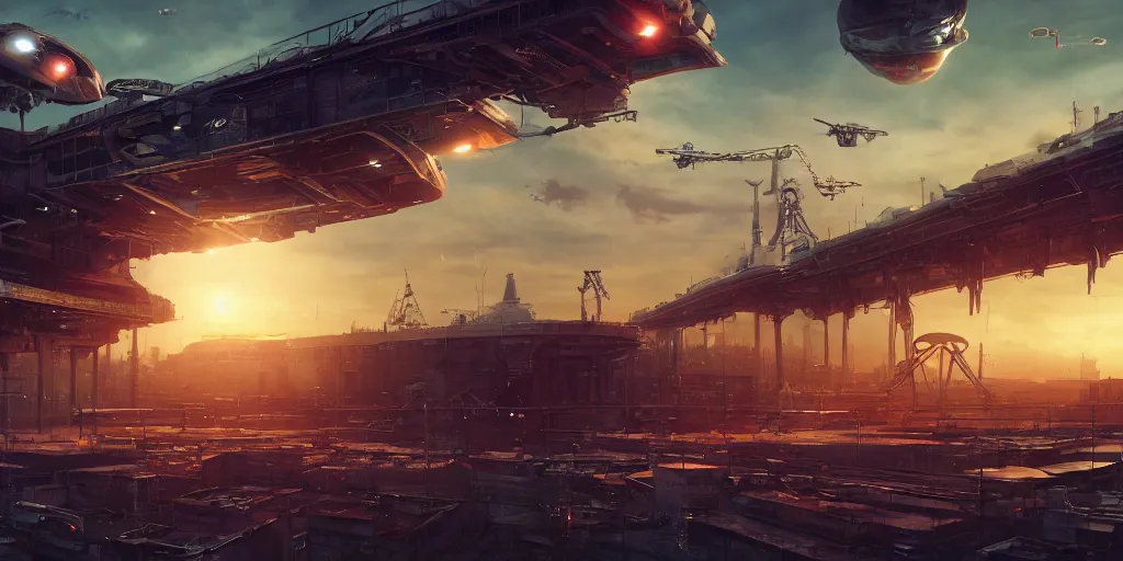 Image similar to alien spacecraft hovering over busy space port surrounded by alien robots, steel archways, industrial buildings, rusty metal towers, sun setting, ross tran, fantasy, james jean, cinematic lighting, digital painting, octane render