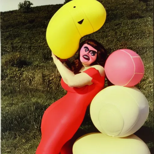 Prompt: 1976 glamorous thicc woman wearing an inflatable smiley head, wearing a dress, in a small village full of inflatable worms, 1976 French film archival footage technicolor film expired film 16mm Fellini new wave John Waters Russ Meyer movie still