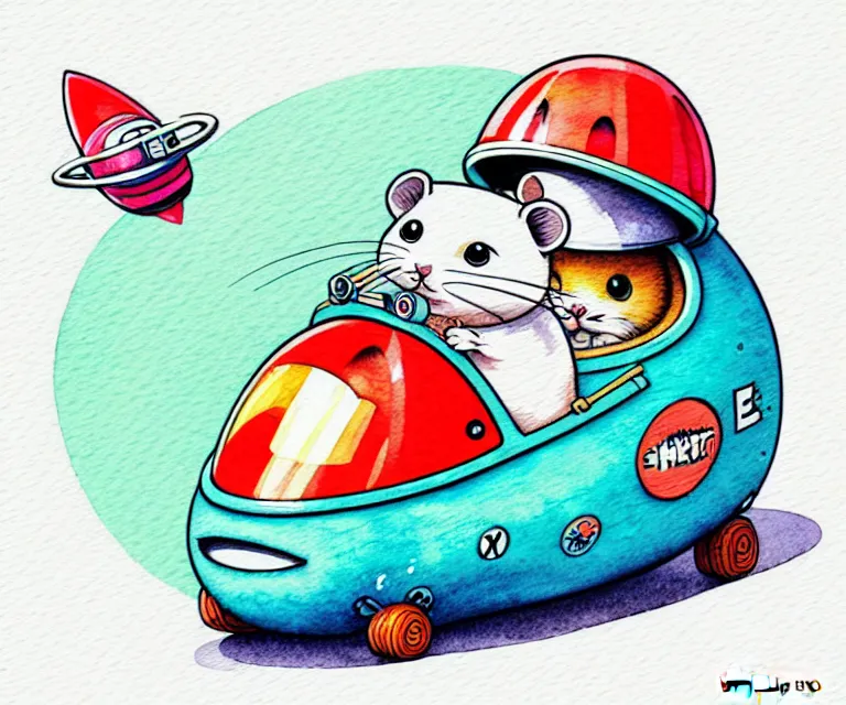 Image similar to cute and funny, hamster wearing a helmet riding in a tiny rocket ship, ratfink style by ed roth, centered award winning watercolor pen illustration, isometric illustration by chihiro iwasaki, edited by range murata, tiny details by artgerm and watercolor girl, symmetrically isometrically centered, focused