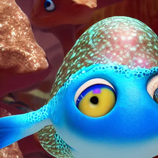 Image similar to smiling baby fish aquatic dinosaurs with glowing blue bio - phosphorescent lines throughout skin texture. rendered by pixar