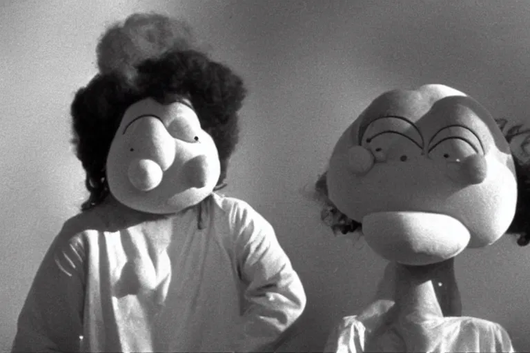 Prompt: still frame from a surreal 1975 children's tv show with people dressed as giant nostrils and sad cloud puppets