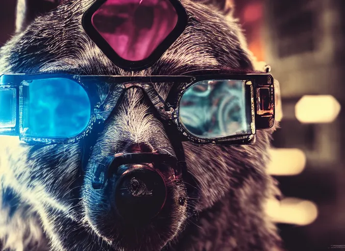 Prompt: portrait of half mechanical wolf with cyberpunk glasses, reflective lens, caustics, bokeh, dust, mechanical parts, neon wires, dark fur, closeup portrait, android, editorial photography, award winning, establishing shot, dark mood, dark sci fi