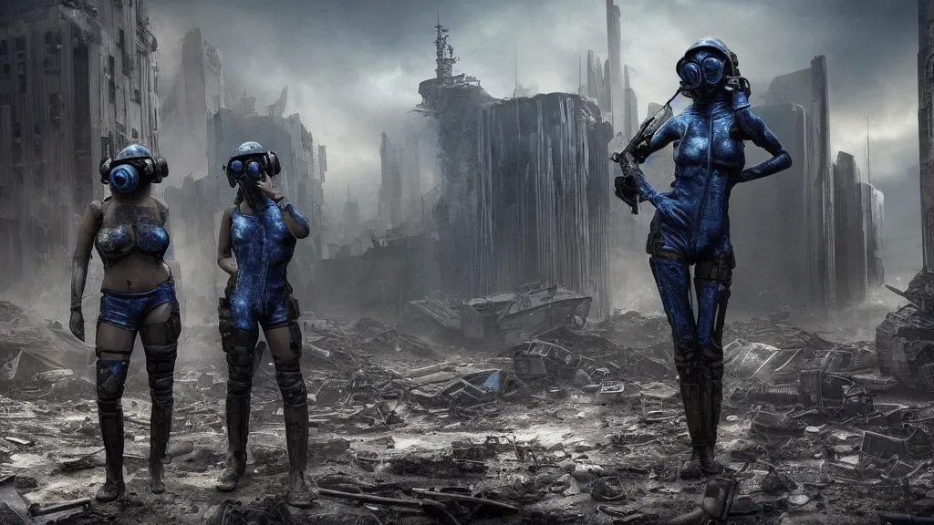 Prompt: big budget scifi movie set in postapocalyptic world with alien brainsuckers sexy female cyborg in military blue rubber and gas mask in ruins of city