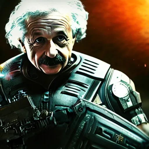 Image similar to 'Albert Einstein'! as (Batman) in Gears of War, splash art, movie still, detailed face, cinematic lighting, dramatic, octane render, long lens, shallow depth of field, bokeh, anamorphic lens flare, 8k, hyper detailed, 35mm film grain