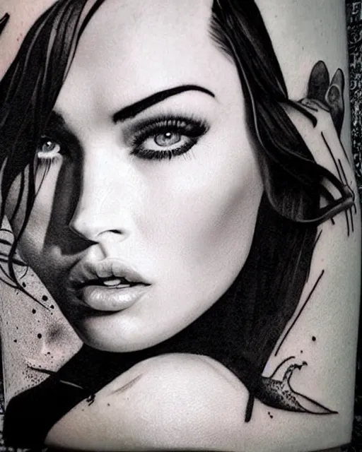 Image similar to realism tattoo design sketch of megan fox face blended with beautiful mountain scenery, in the style of dan mountford, double exposure, hyper realistic, amazing detail, black and white