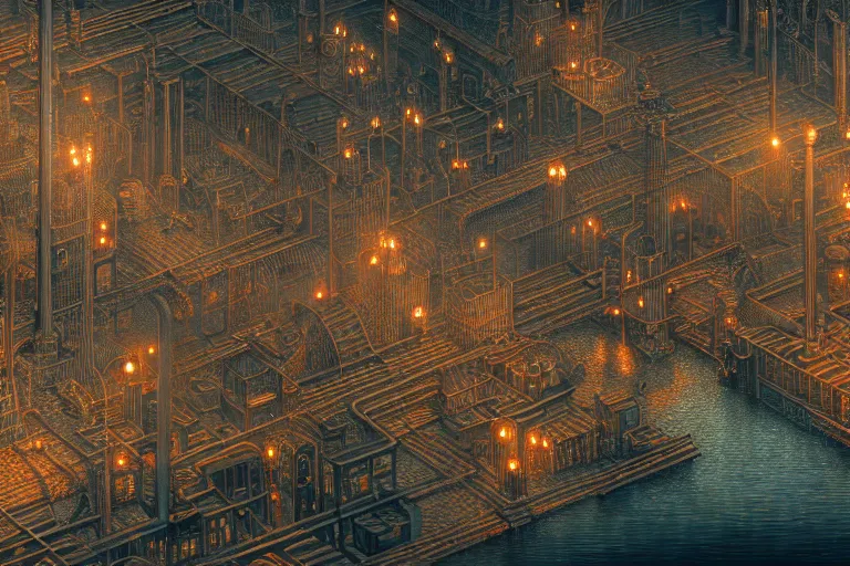 Prompt: an elaborate penned illustration of a apocalyptic intricate connected city of tubes and pipes, muted colors, copper pipers, by jan van haasteren and jheronimus bosch, unreal engine, physically based rendering, ariel view, tilt - shift, grim, moody, shiny, industrial, water, smoke, reflective, cinematic, isometric