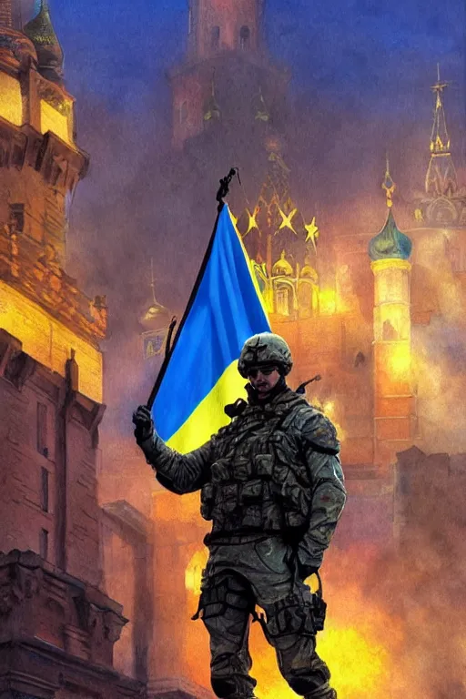 Image similar to special forces soldier raising ukrainian blue and yellow flag on red square kremlin, masculine figure, d & d, fantasy, bright atmosphere, volumetric lights, intricate, elegant, extremely detailed, digital painting, artstation, concept art, matte, smooth, sharp focus, hyper realistic, illustration, art by artgerm and greg rutkowski and alphonse mucha