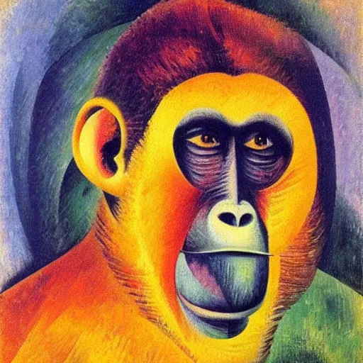 Image similar to cubo - futurism art portrait of an ape monkey by umberto boccioni, futuristic very abstract style, color painting