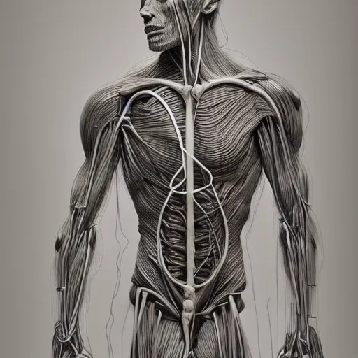 Image similar to realistic anatomically correct detailed wire sculpture of the human muscular system