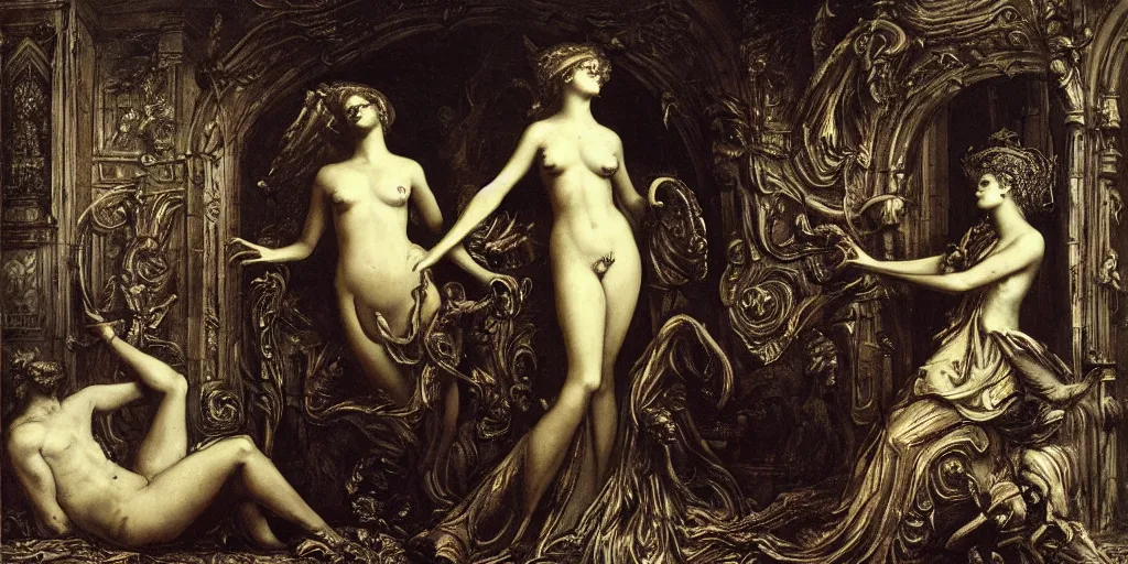 Image similar to Pygmalion and Galatea painting, steampunk, horror by Gustave Dore.