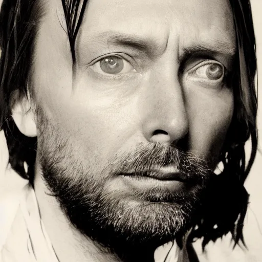 Prompt: Thom Yorke, a man with a beard and a black jacket, a portrait by John E. Berninger, dribble, neo-expressionism, uhd image, studio portrait, 1990s