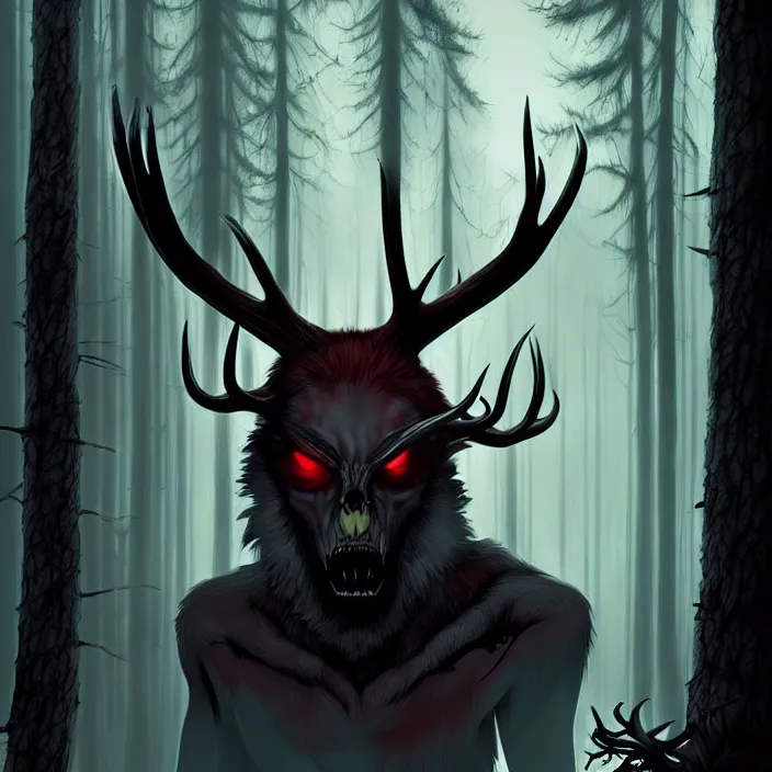 Prompt: style artgerm, joshua middleton, tim jacobus, scary wendigo with antlers and skull face mixed with werewolf, in the forest, detailed, dark and foggy, cinematic lighting