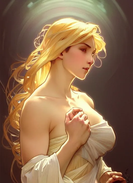 Prompt: digital character concept art by artgerm and greg rutkowski and alphonse mucha. clear portrait of a modern young wife blessed by god to unstoppably grow more perfect and fertile!! blonde, in clothes! holy full - figured! emotive, light effect. hyper detailed, glowing lights!! intricate, elegant, digital painting, artstation, smooth, sharp focus