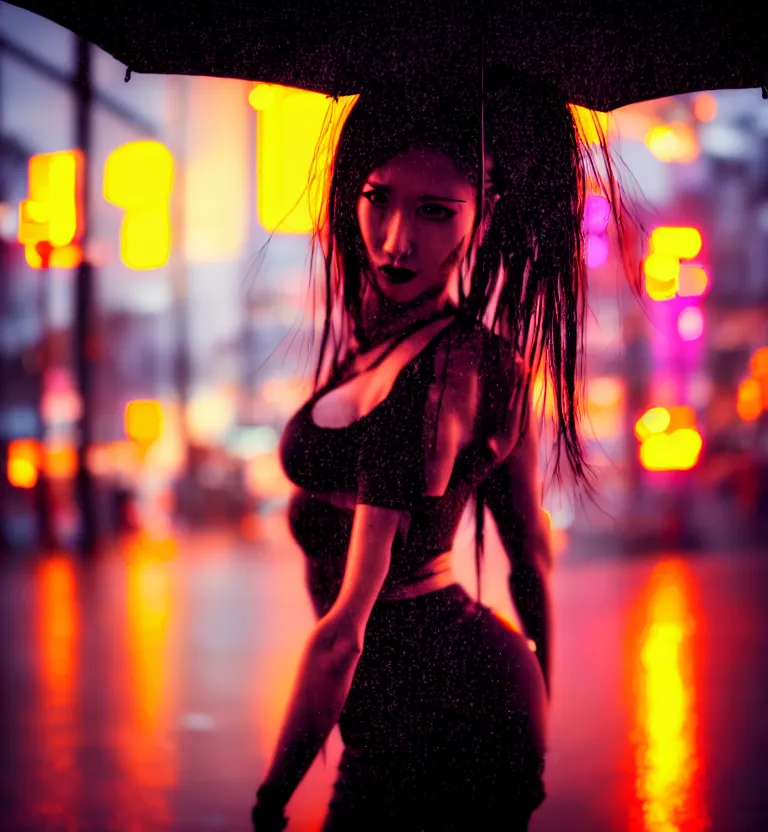 Image similar to a photo close up cyberpunk woman dancing in the rain, cyberpunk hiroshima, prefecture streets, sunset, photorealistic, cinematic lighting, highly detailed, bokeh, style by tomino - sama