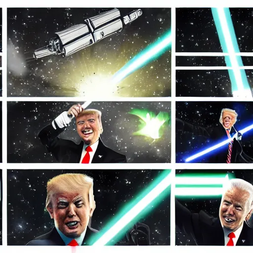 Image similar to donald trump wielding a lightsaber having a lightsaber battle with joe biden in the death star, dynamic lighting, highly detailed