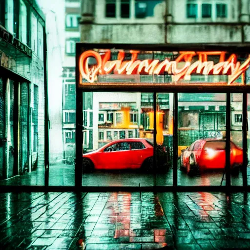 Image similar to gloomy and morbid city scene with a neon sign on the wall, cinematic, blurry, raindrops