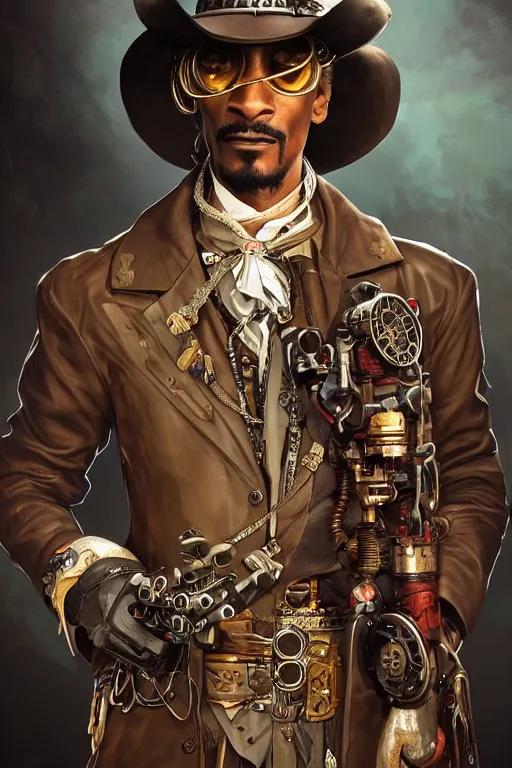 Image similar to cowboy snoop dog as a steampunk cyborg gunslinger, portrait, cyber western, duster, fantasy, intricate, elegant, highly detailed, digital painting, artstation, concept art, sharp focus, illustration, art by artgerm and greg rutkowski and alphonse mucha