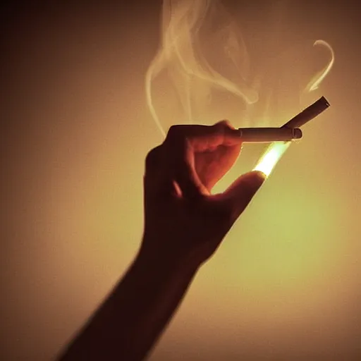 Prompt: Womans Hand Holding Lit Cigarette is a photograph by George Marks, sharp focus, hdr, caustic lights, volumetric lighting, atmospheric lighting