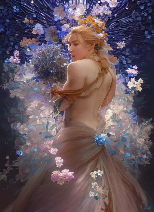 Prompt: portrait of cinderella, flowers, blue spike aura in motion, floating pieces, painted art by tsuyoshi nagano, greg rutkowski, artgerm, alphonse mucha, spike painting