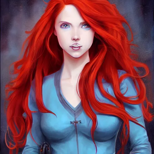 Prompt: a portrait of a young woman with red hair, smart, rich, shallan davar, blue eyes, beautiful, smiling, thick hair, rpg, dnd, artgerm style