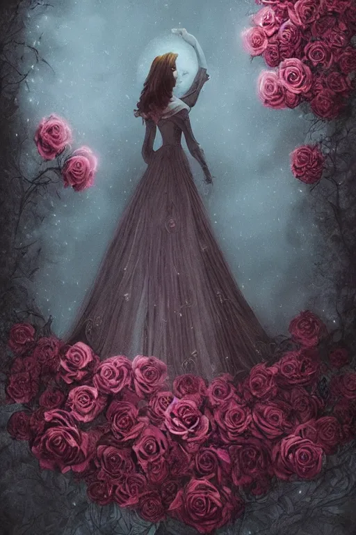 Prompt: elegant fairytale tower covered in roses, full body portrait of medieval princess, cottagecore, nostalgia of a fairytale, Exquisite, dramatic lighting, black paper, by Charlie Bowater, Anato Finnstark, Brom