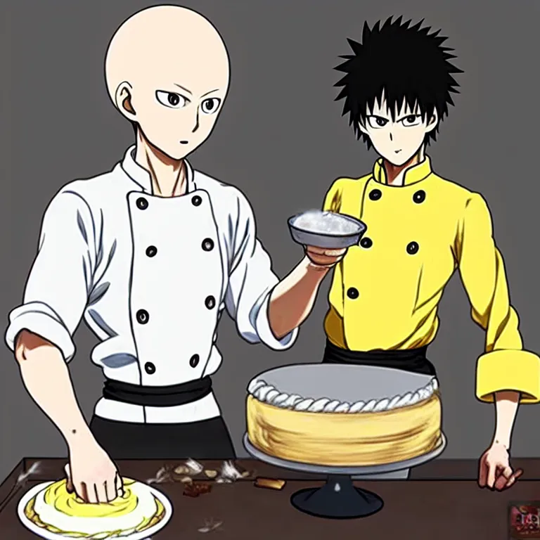 Image similar to chef saitama one punch man, dressed as a pastry chef, making a cake, anime artwork