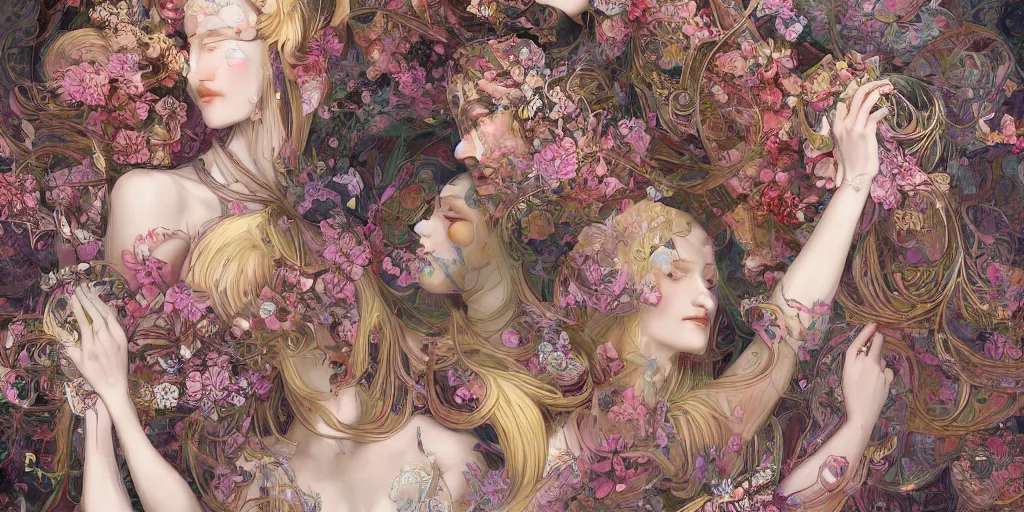 Image similar to breathtaking detailed concept art painting kaleidoscope art deco pattern of blonde faces goddesses amalmation flowers, by hsiao - ron cheng, bizarre compositions, exquisite detail, extremely moody lighting, 8 k