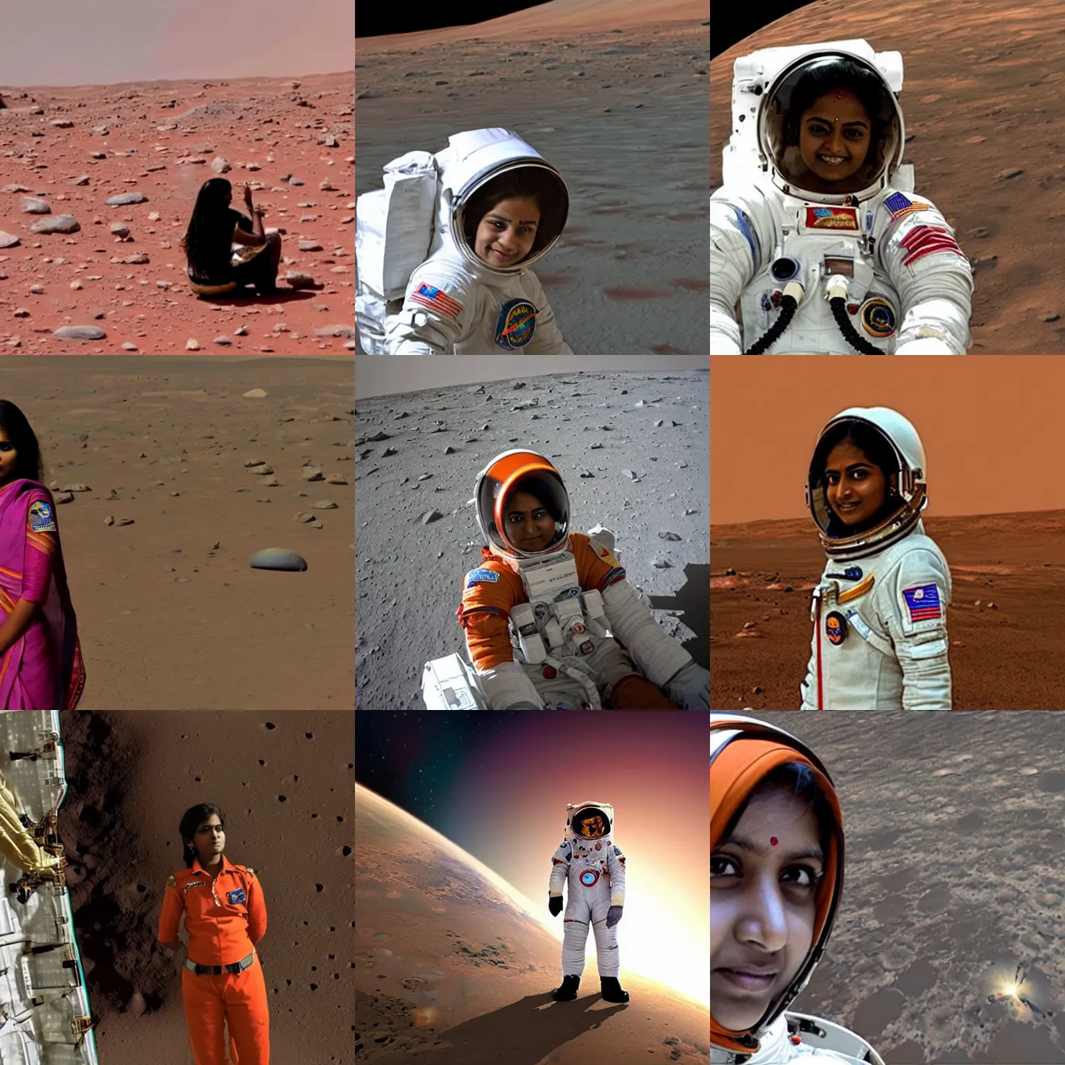 Prompt: A young Indian woman astronaut looking out at the surface of Mars