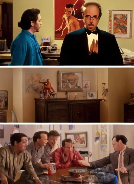 Prompt: a still from the tv series seinfeld and a still from the film avengers : infinty war of francis bacon and norman rockwell and james jean, a still from the movie godfather by mark brooks, triadic color scheme, by greg rutkowski, syd mead and edward hopper and norman rockwell and beksinski, dark surrealism, orange and turquoise
