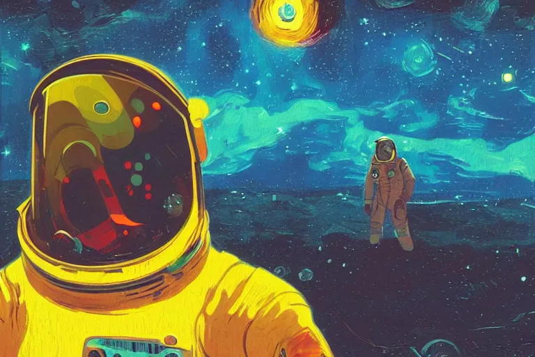 Image similar to digital painting of an astronaut in space, by paul lehr and vincent di fate and van gogh, highly detailed, intricate, science fiction, galaxies, stars, supernova, black hole, galaxy, planet, void, artstation, portrait, cinematic lighting, studio ghibli color pallette, neon lights, trippy, retrofuturism, portrait