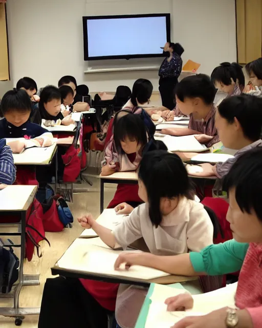 Prompt: a cute four year old Chinese girl standing at a Lectern, gives a lecture on advanced mathematics class at Harvard University in front of a class of adult students