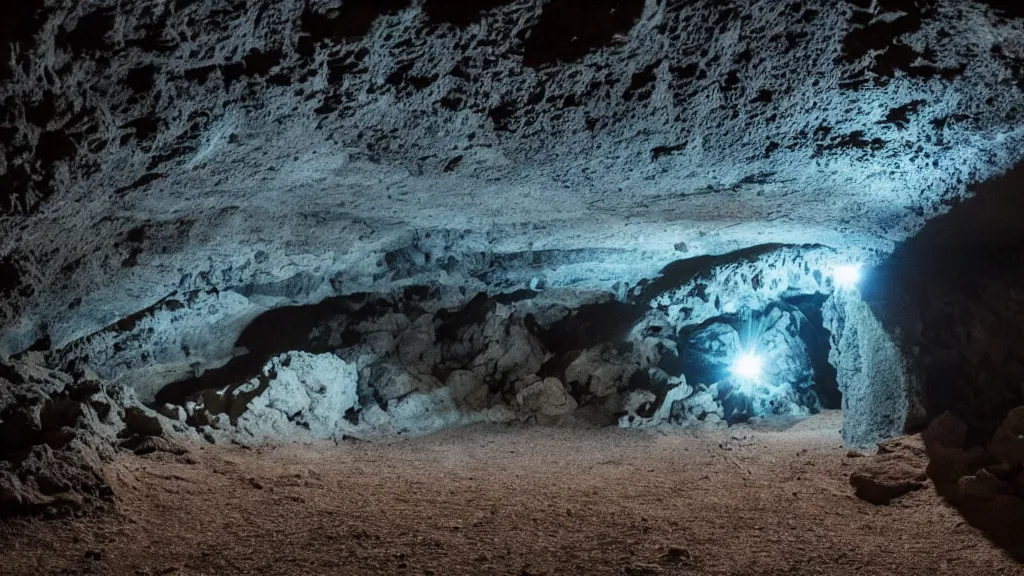 Prompt: a photo of a cave taken with a camera flash light