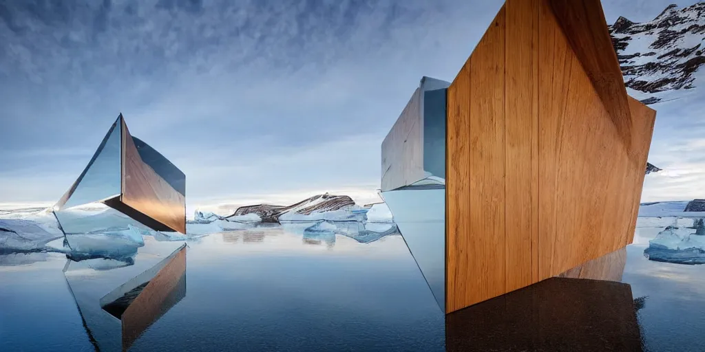 Image similar to futuristic architect house made from deconstucted ash wood and mirrors, floating, portal, refraction, iceberg, polar bear, iceland landscape photography, by lurie belegurschi and gunnar freyr