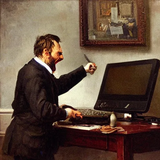 Image similar to an angry man yells at his computer monitor, oil on canvas, 1 8 8 3, highly detailed, high resolution