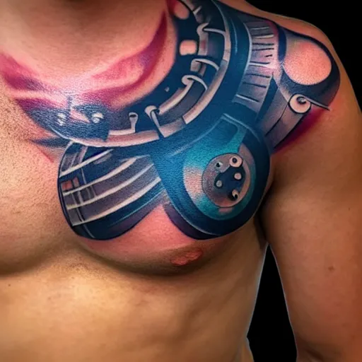Prompt: chest tattoo of a 3 d hole in the skin with a shiny blue metallic gears and tubes mechanic inside under the skin, insanely integrate,
