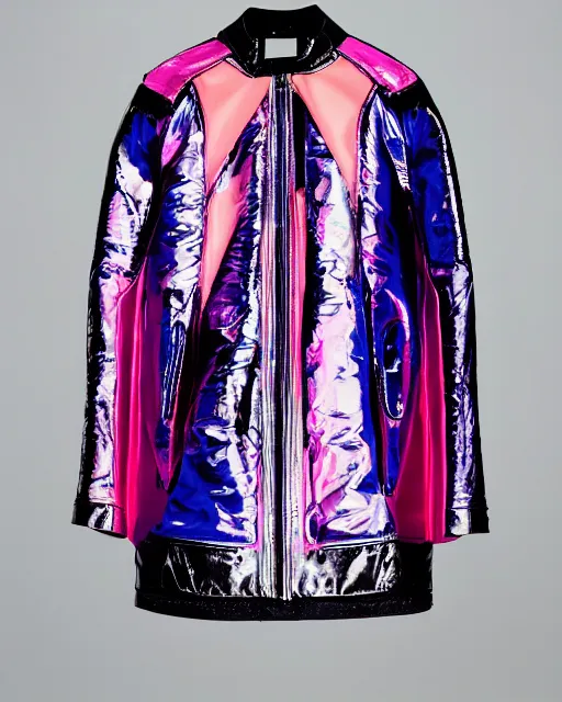 Image similar to an award winning fashion photograph of Balenciaga's techno jacket by Catherine Opie and Demna Gvasalia, cyberpunk, futuristic, Bladerunner 2049, dazzle camouflage!, chromatic, pearlescent, prismatic, dayglo pink, dayglo blue