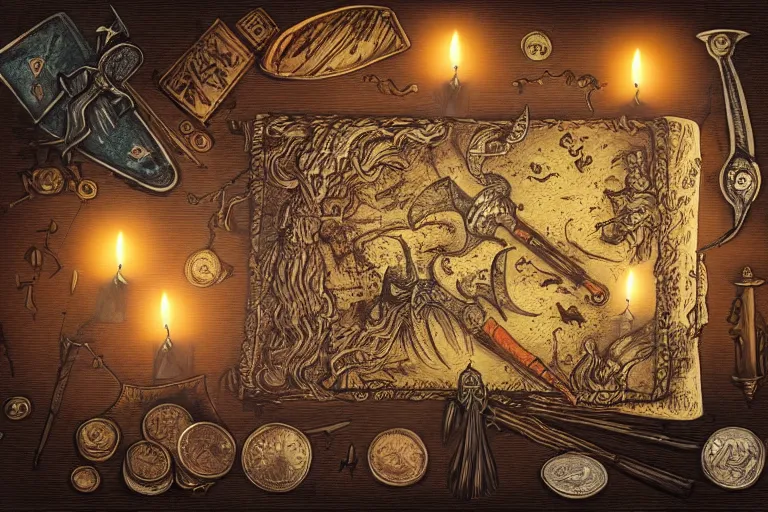 Prompt: a gonzo illustration of an open spellbook on an antique table, melting candles, sacrificial dagger, ink and quill, coin, micro details, masterpiece, dramatic lightning, very high details, diagonal view, by frazetta