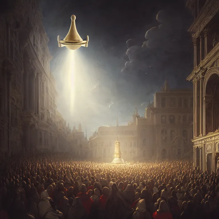 Image similar to crowd of medieval people surrounding UFO flying saucer, dream-like atmosphere, baroque painting, beautiful detailed intricate insanely detailed octane render trending on Artstation, 8K artistic photography, photorealistic, soft natural volumetric cinematic light, chiaroscuro, award-winning photograph, masterpiece, Raphael, Caravaggio, Greg Rutkowski, Beeple