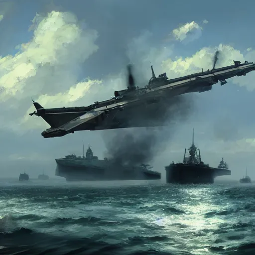 Image similar to landing crafts reaching the beaches of normandy amidst gunfire, highly detailed, digital painting, concept art, sharp focus, by makoto shinkai