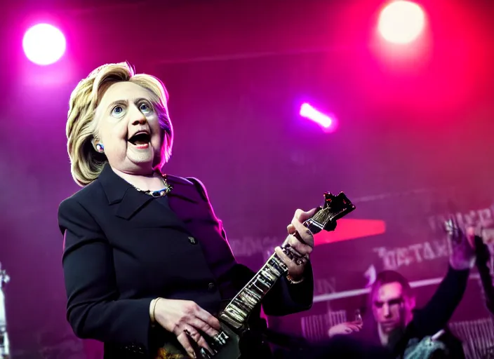 Image similar to publicity photo still of hillary clinton in a death metal band playing live on stage, 8 k, live concert lighting, mid shot