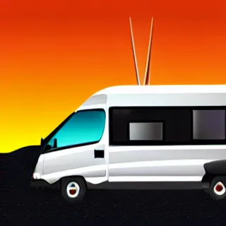 Prompt: very very very very stylized minimal vector graphic of a thor chateau motorhome, mountains, highway and sunset!!, white background, dramatic, professional minimal graphic design