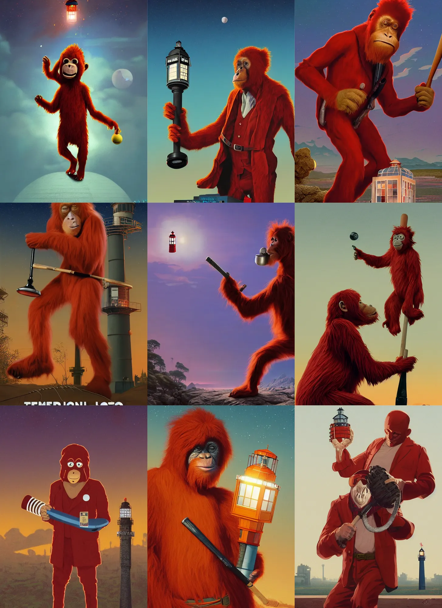 Prompt: rendering of red orangutan dressed as doctor who holding lighthouse toy as baseball bat, library interior background, travel poster artwork by michael whelan and tomer hanuka, high contrast, full of details, by makoto shinkai and thomas kinkade, matte painting, trending on artstation and unreal engine